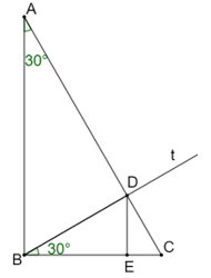 Xét tam giác ABC vuông tại B, có góc A = 30°. Tia Bt sao cho góc CBt = 30° cắt tia AC ở D, D nằm giữa A và C