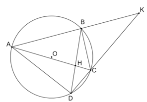 Cho tứ giác ABCD nội tiếp đường tròn (O) sao cho hai tia AB và DC cắt nhau tại điểm K, hai đường chéo AC và BD cắt nhau