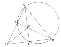 Cho tam giác nhọn ABC cân tại A. Đường tròn đường kính AB cắt các cạnh AC, BC của tam giác ABC tại X và Y