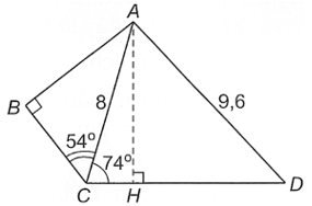 Trong hình bên, cho AC = 8 cm, AD = 9,6 cm, góc ABC = 90 độ, ACB = 54 độ và ACD = 54 độ. Hãy tính