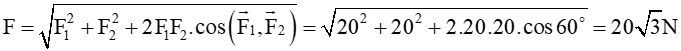 Hai lực khác phương F1 và F2 có độ lớn F1 = F2 = 20 N, góc tạo bởi hai lực này là 60°