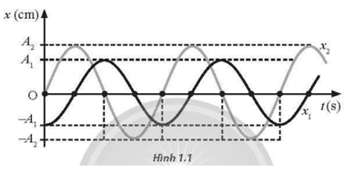 Hai vật dao động điều hoà có li độ được biểu diễn trên đồ thị li độ - thời gian như Hình 1.1