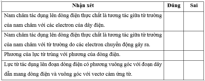 Chỉ ra đáp án đúng, đáp án sai. Nam châm tác dụng lên dòng điện thực chất là