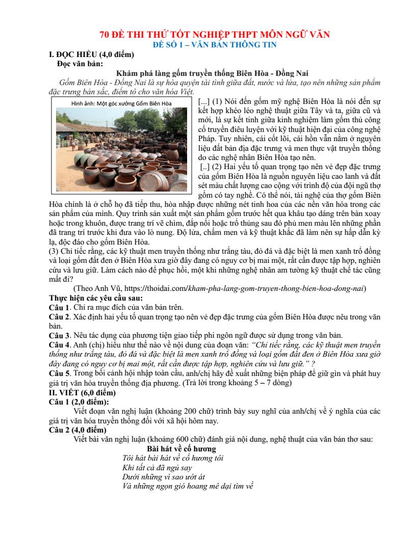 70 Đề thi thử Tốt nghiệp THPT môn Văn