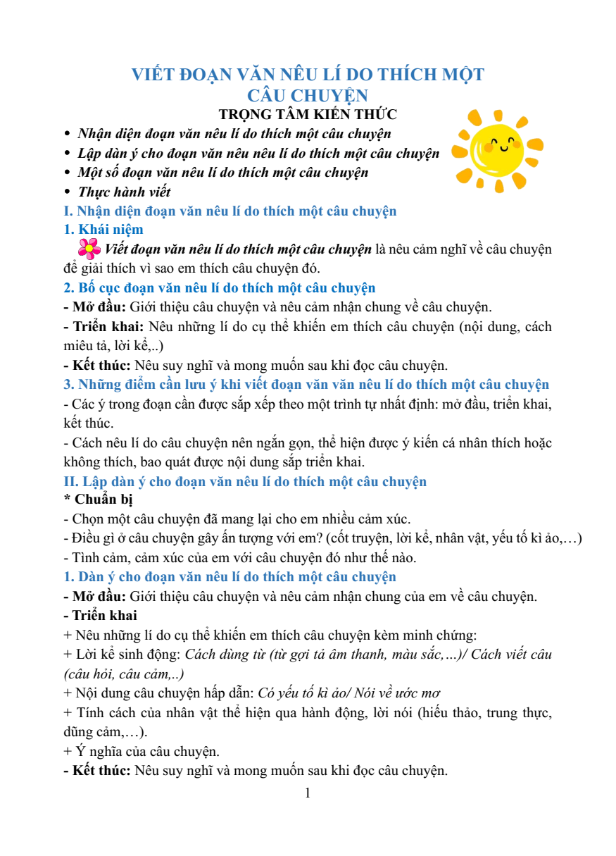 Chuyên đề Viết đoạn văn nêu lí do thích một câu chuyện lớp 4