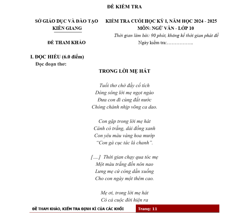 Đề tham khảo định kì môn Văn lớp 10, 11, 12 Kiên Giang