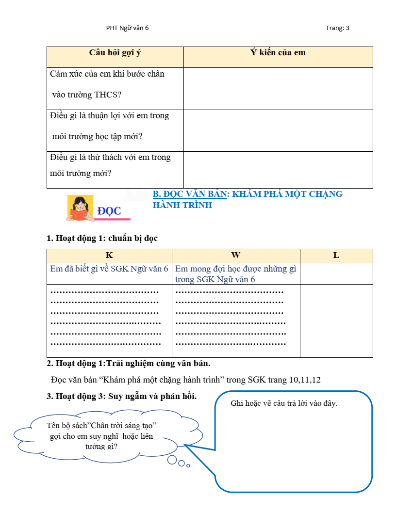 Phiếu học tập Ngữ Văn 6 Chân trời sáng tạo