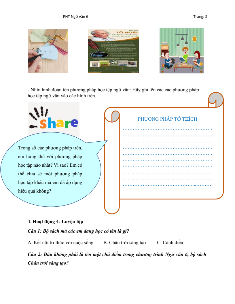 Phiếu học tập Ngữ Văn 6 Chân trời sáng tạo