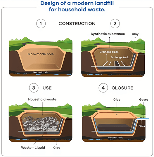 The diagram below shows how a modern landfill for household waste is designed