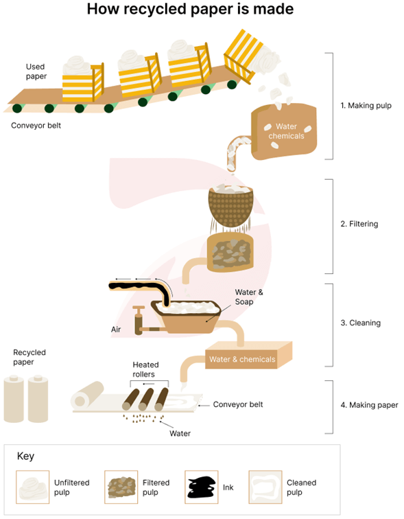 The diagram illustrates how recycled paper is made. Summarise the information by