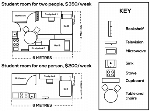 The plans below show a student room for two people and a student room for one