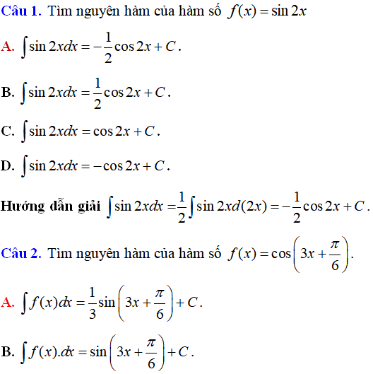 Bài tập Nguyên hàm của hàm số lượng giác có lời giải - Toán lớp 12