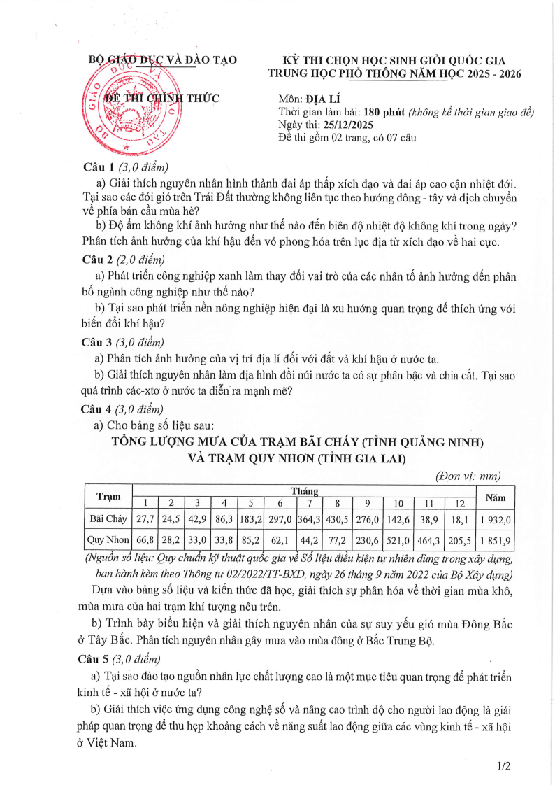 Đề thi HSG Địa lí Quốc gia 2025-2026 có lời giải (ngày 1)