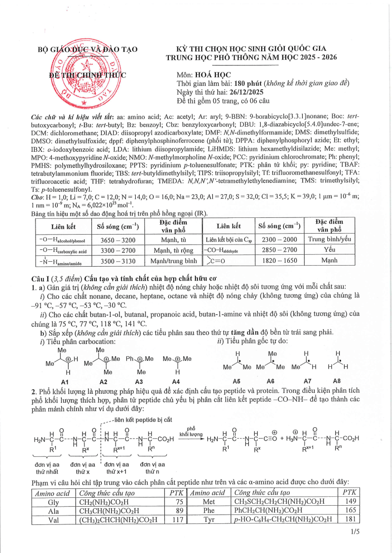 Đề thi HSG Hóa học Quốc gia 2025-2026 có lời giải (ngày 2)