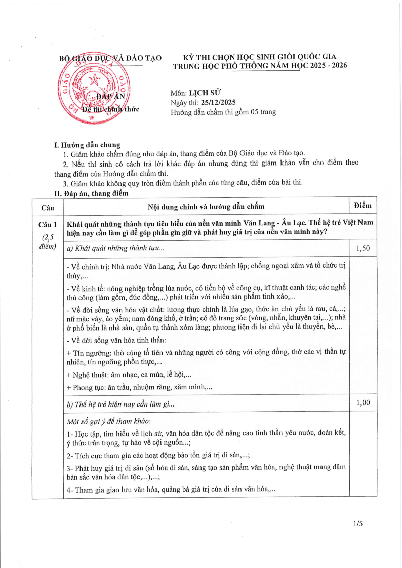 Đề thi HSG Lịch sử Quốc gia 2025-2026 có lời giải (ngày 1)