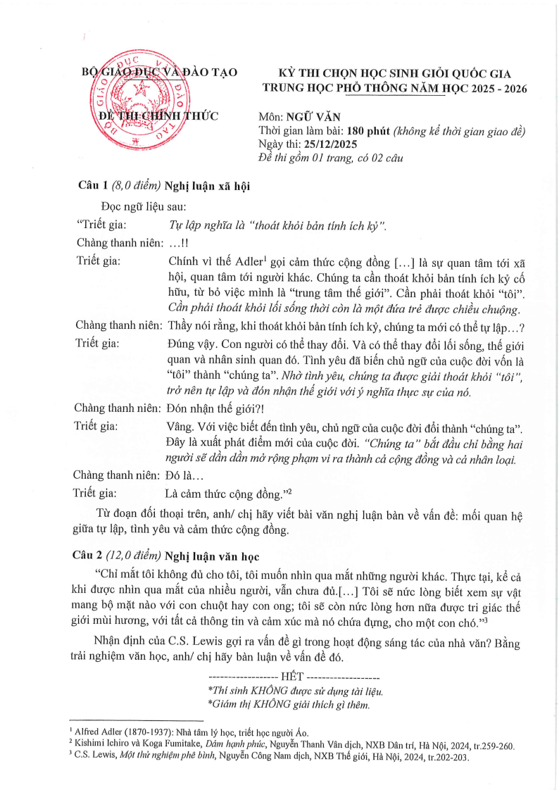 Đề thi HSG Ngữ văn Quốc gia 2025-2026 có lời giải (ngày 1)