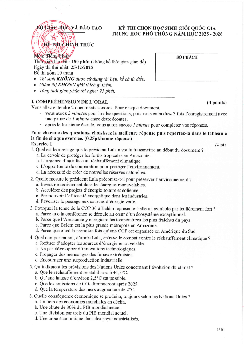Đề thi HSG Tiếng Pháp Quốc gia 2025-2026 có lời giải (ngày 1)