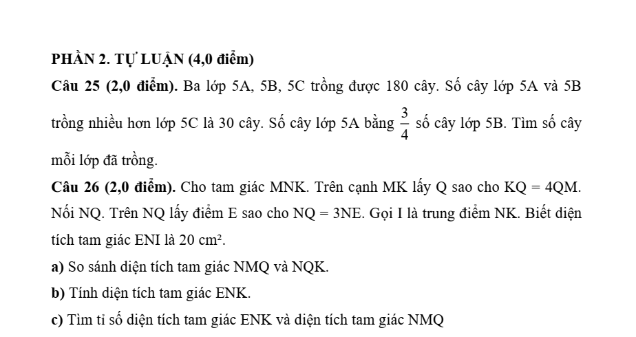 Đề thi tuyển sinh vào lớp 6 môn Toán trường THCS trọng điểm Bắc Ninh năm 2025