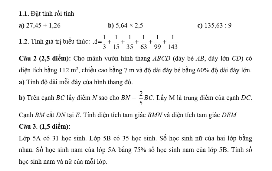 Đề thi tuyển sinh vào lớp 6 môn Toán trường THCS Vũ Duệ Phú Thọ năm 2025