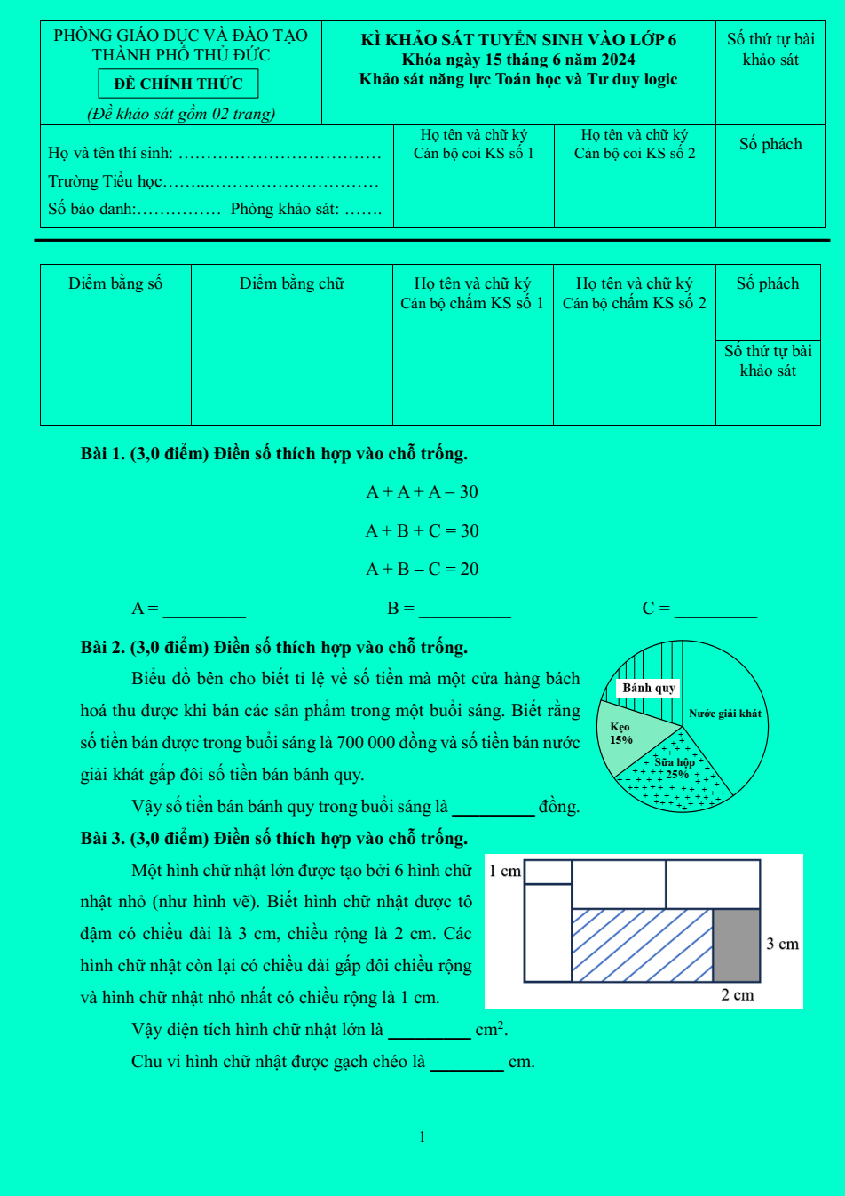 Đề chính thức thi vào lớp 6 Tp Thủ Đức phần Toán học và tư duy logic năm 2024