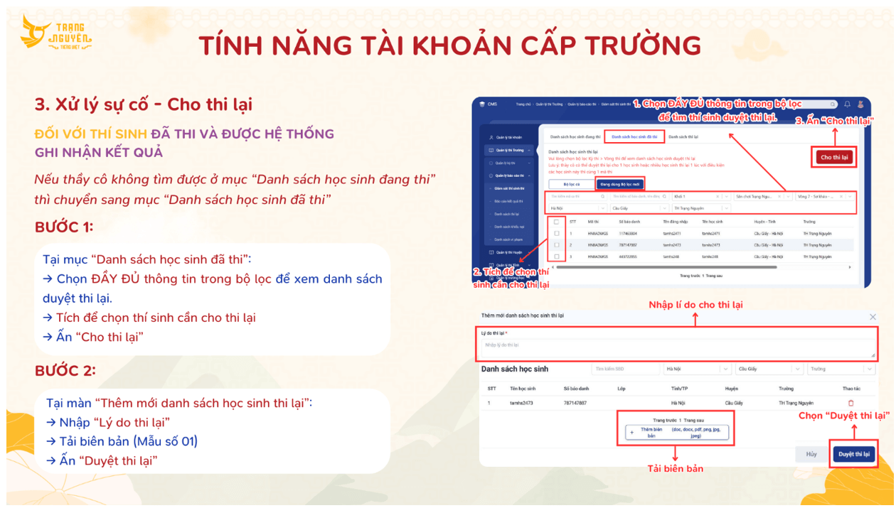 Hướng dẫn các bước xử lí sự cố, cho thi lại trong thi Trạng Nguyên Tiếng Việt cấp trường 2025-2026