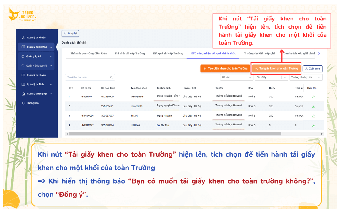 Hướng dẫn nhà trường tải giấy chứng nhận và giấy khen Vòng Sơ khảo cấp Trường 2025-2026