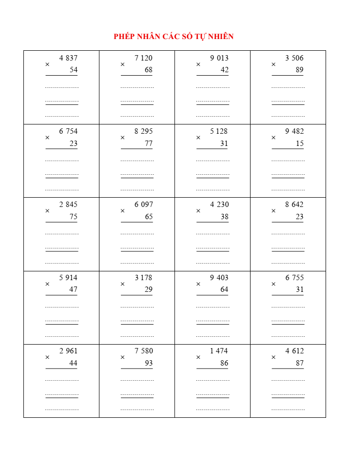 Phép nhân các số tự nhiên lớp 4 (có lời giải)