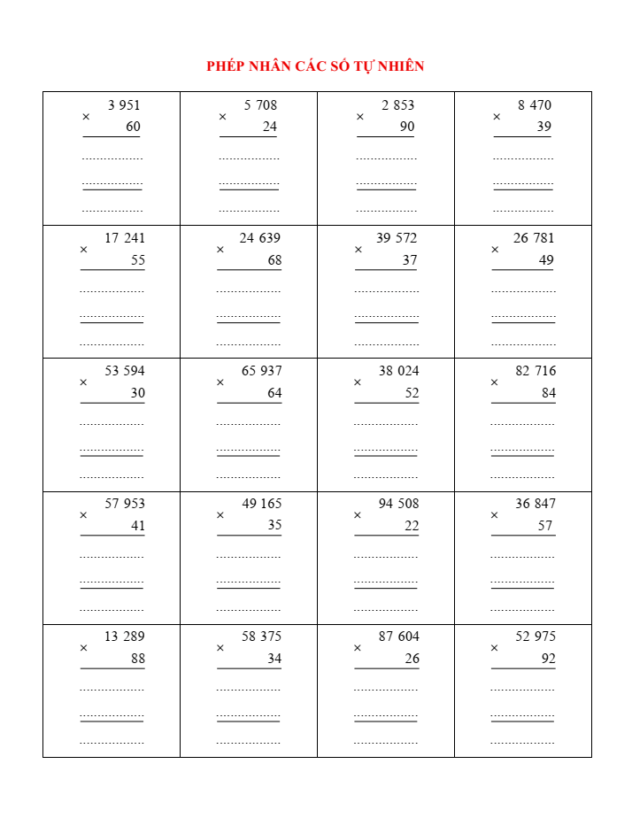 Phép nhân các số tự nhiên lớp 4 (có lời giải)