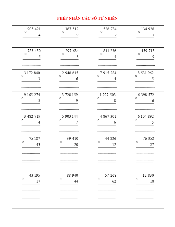 Phép nhân các số tự nhiên lớp 4 (có lời giải)