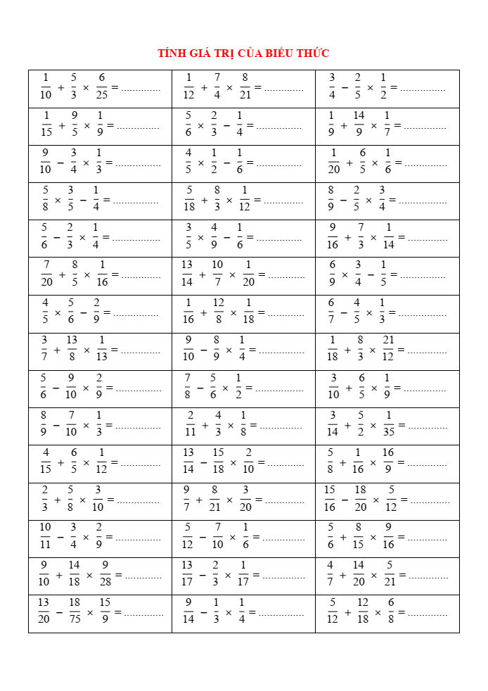 Tính giá trị của biểu thức phân số lớp 4 (có lời giải)