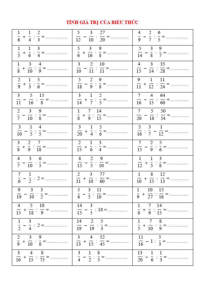Tính giá trị của biểu thức phân số lớp 4 (có lời giải)