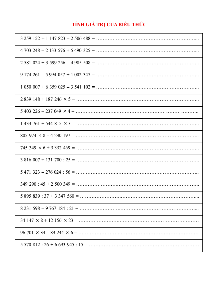 Tính giá trị của biểu thức tự nhiên lớp 4 (có lời giải)