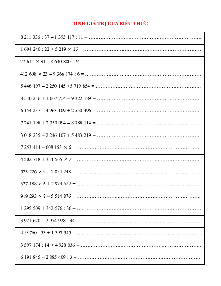 Tính giá trị của biểu thức tự nhiên lớp 4 (có lời giải)