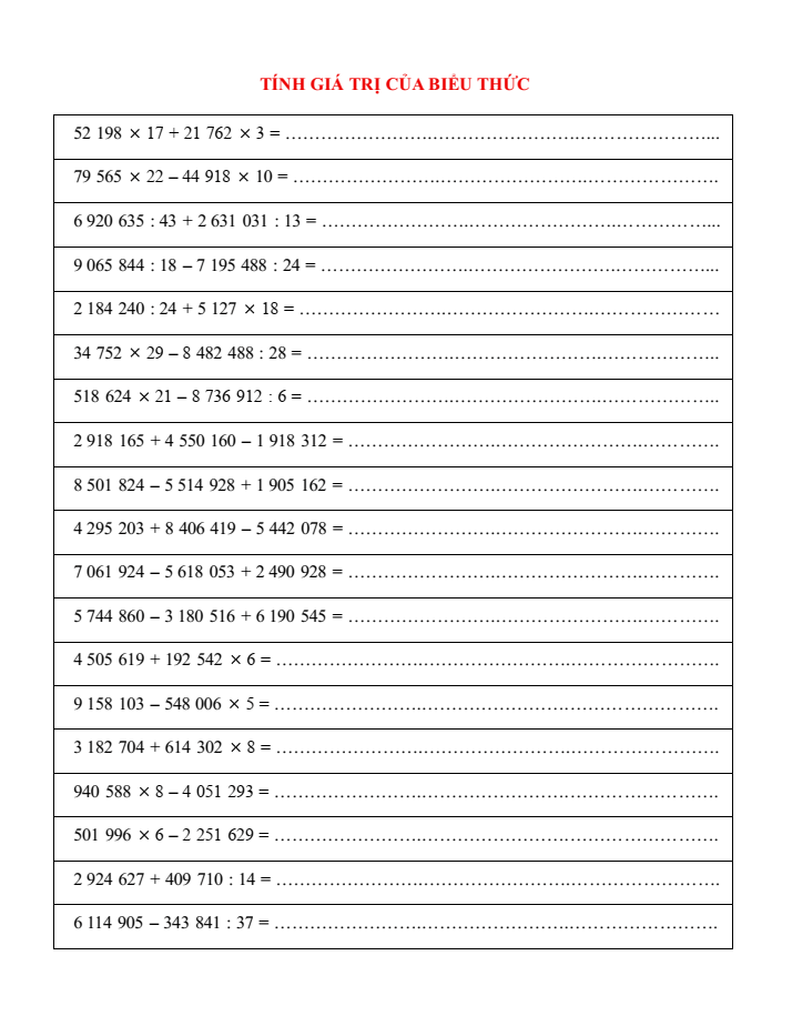 Tính giá trị của biểu thức tự nhiên lớp 4 (có lời giải)
