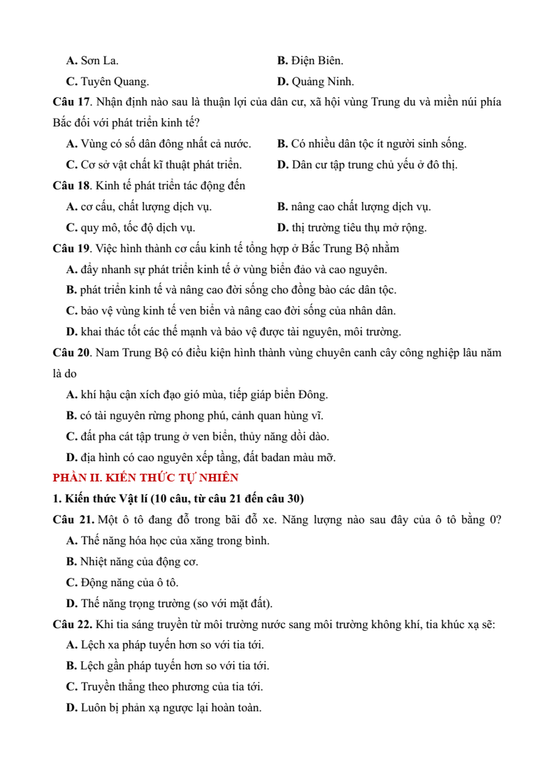 Đề minh họa thi vào 10 bằng tổ hợp Địa lí - Lịch sử - KHTN - Tiếng Anh - theo cấu trúc minh họa Sơn La