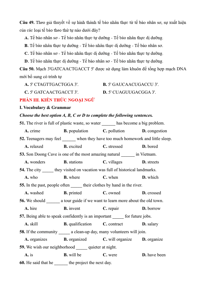 Đề minh họa thi vào 10 bằng tổ hợp Địa lí - Lịch sử - KHTN - Tiếng Anh - theo cấu trúc minh họa Sơn La
