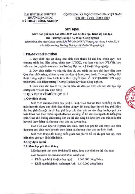 Học phí Trường Đại học Kỹ thuật Công nghiệp - Đại học Thái Nguyên (năm 2024)