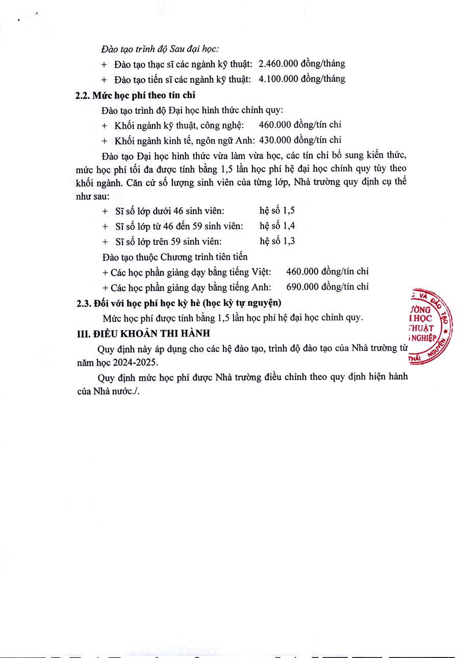 Học phí Trường Đại học Kỹ thuật Công nghiệp - Đại học Thái Nguyên (năm 2024)