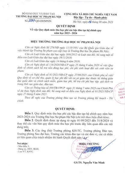 Học phí Trường Đại học Sư phạm Hà Nội (năm 2024)