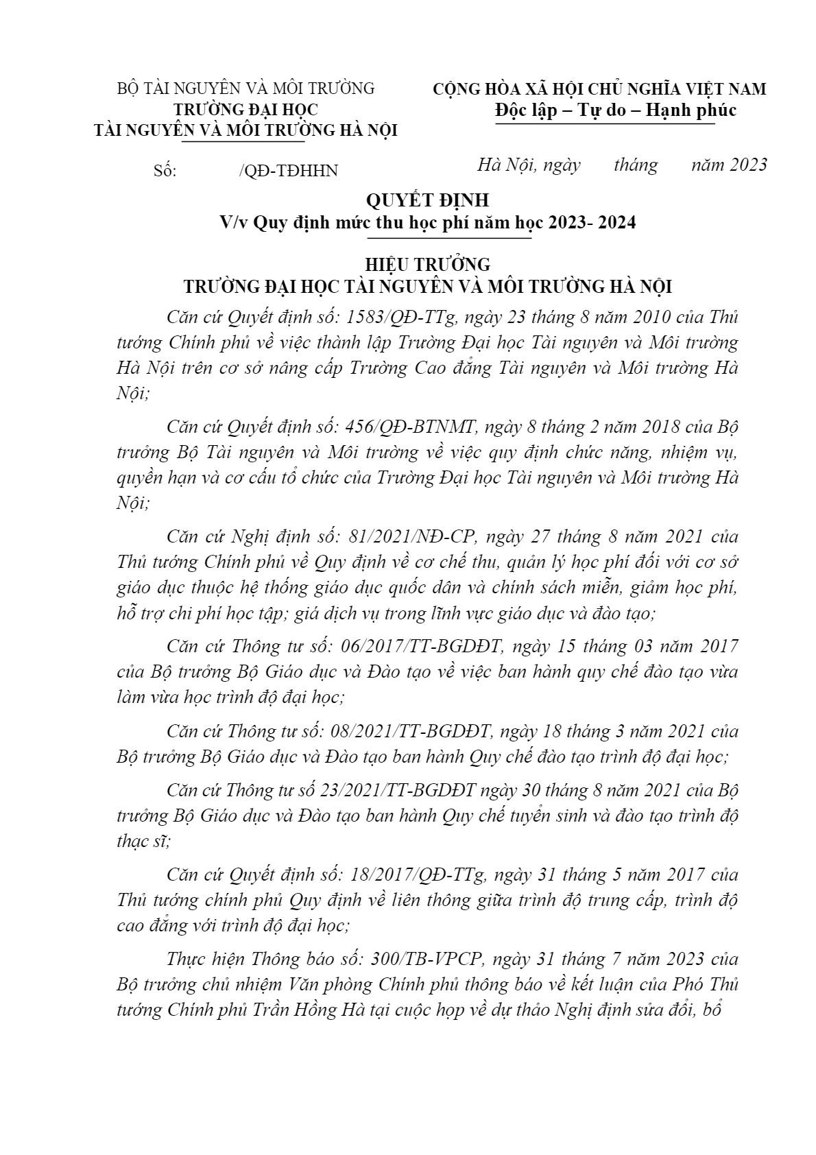 Học phí Trường Đại học Tài nguyên và Môi trường Hà Nội (năm 2024)