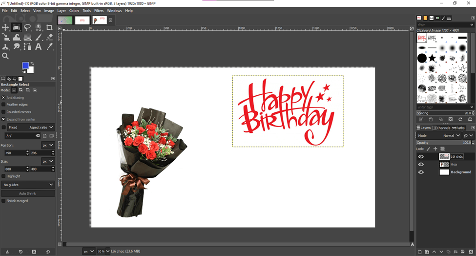 Tạo một thiệp chúc mừng sinh nhật, trong đó các ảnh nguồn (hộp quà và bó hoa) được tách khỏi nền
