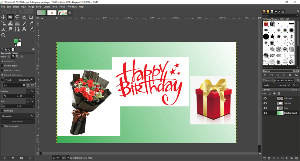 Tạo một thiệp chúc mừng sinh nhật, trong đó các ảnh nguồn (hộp quà và bó hoa) được tách khỏi nền