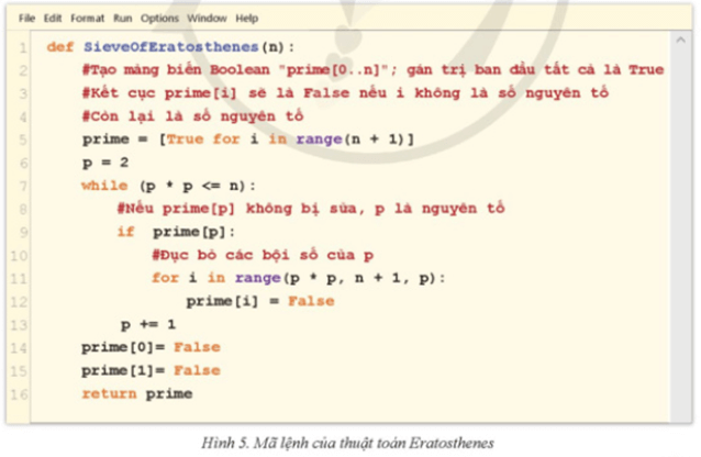 Đọc mã lệnh của thuật toán Eratosthenes cho ở Hình 5 và mô tả liệt kê các bước