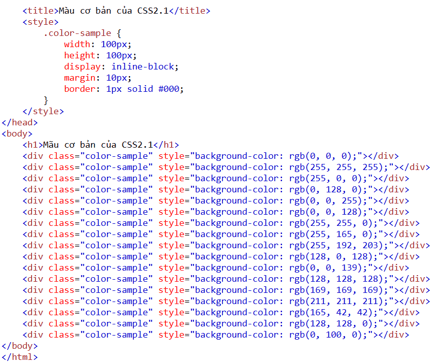  Thiết lập hệ màu cơ bản (17 mảu của CSS2.1) theo bộ ba tham số R, G, B