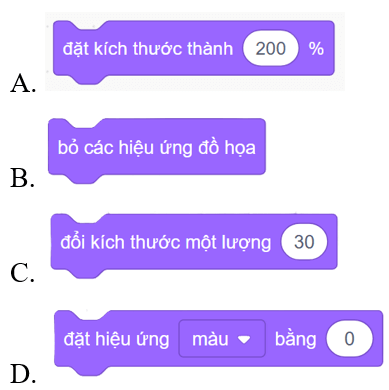 Trắc nghiệm Tin học lớp 4 Cánh diều Bài 6 (có đáp án): Tạo chương trình có nhân vật thay đổi kích thước, màu sắc 