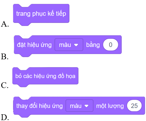 Trắc nghiệm Tin học lớp 4 Cánh diều Bài 6 (có đáp án): Tạo chương trình có nhân vật thay đổi kích thước, màu sắc (ảnh 13)