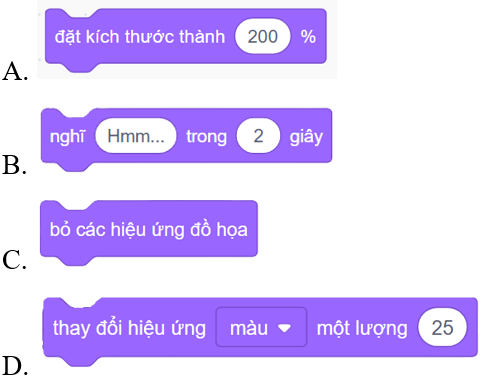 Trắc nghiệm Tin học lớp 4 Cánh diều Bài 6 (có đáp án): Tạo chương trình có nhân vật thay đổi kích thước, màu sắc (ảnh 14)