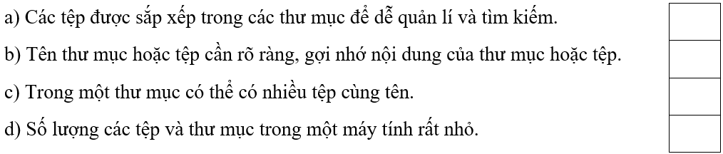 Trắc nghiệm Tin học lớp 5 Chân trời sáng tạo Bài 4 (có đáp án): Tổ chức, lưu trữ và tìm tệp, thư mục trong máy tính 