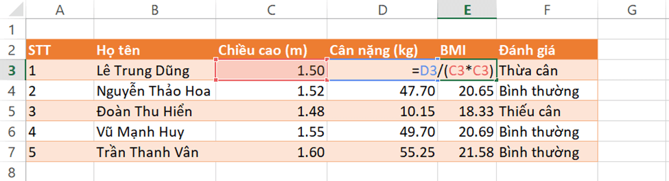 Điền công thức tính chỉ số BMI vào cột BMI thay cho các số liệu trực tiếp trong tệp ThucHanh.xlsx