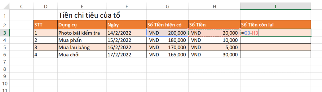 Trong bảng tổng hợp thu - chi của em, hãy tính số liệu ở cột chênh lệch và tính số tiền hiện còn cho từng tuần (bằng cách điền công thức tính)